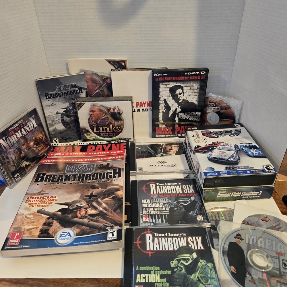 Large Vintage Lot Of PC Games & Strategy Guides Max Payne Tom Clancy Rainbow Six